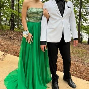 Sherri Hill Green Strapless Gown w/Geometric Stones